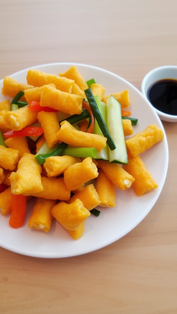 A vibrant plate of crispy vegetable tempura with a bowl of dipping sauce, on a rustic wooden table.